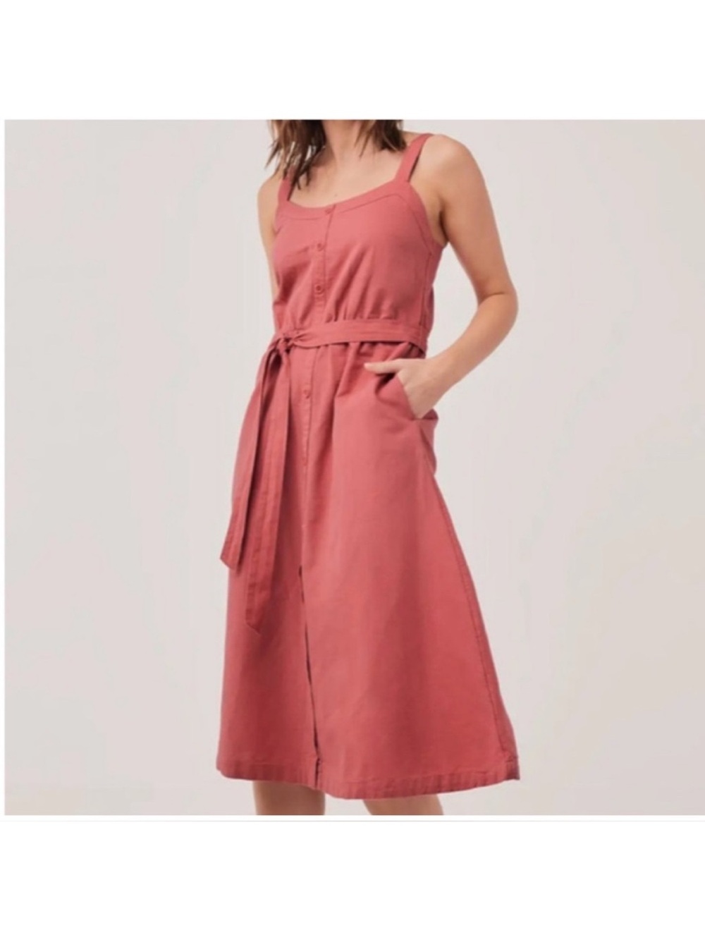 PACT Canopy Picnic Linen Cotton Button Front Midi Dress Pink Dahlia Size Small